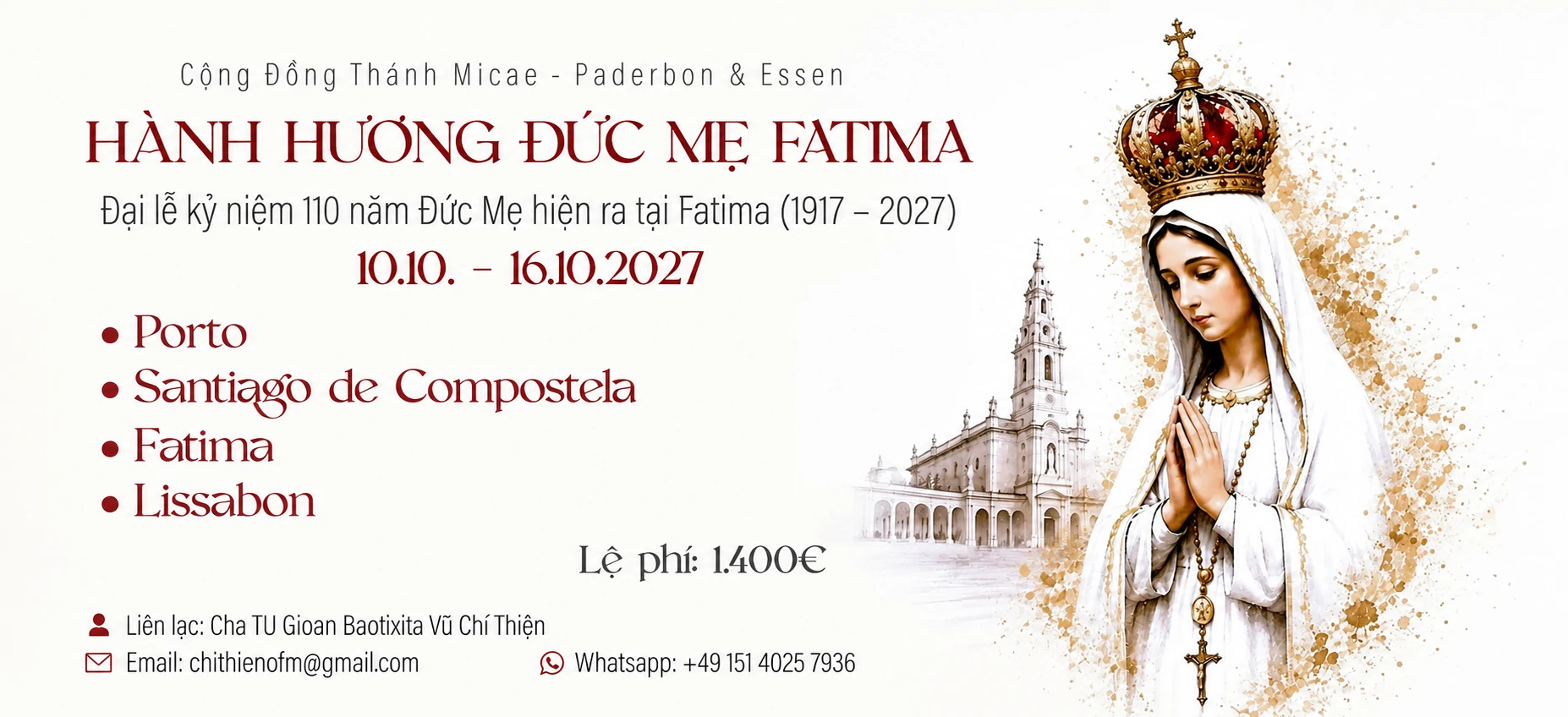 Hành Hương Đức Mẹ Fatima 2027