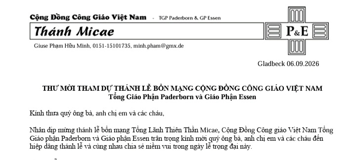 Thư Mời Tham Dự Lễ Bổn Mạng Cộng Đồng Tổng Lãnh Thiên Thần Micae